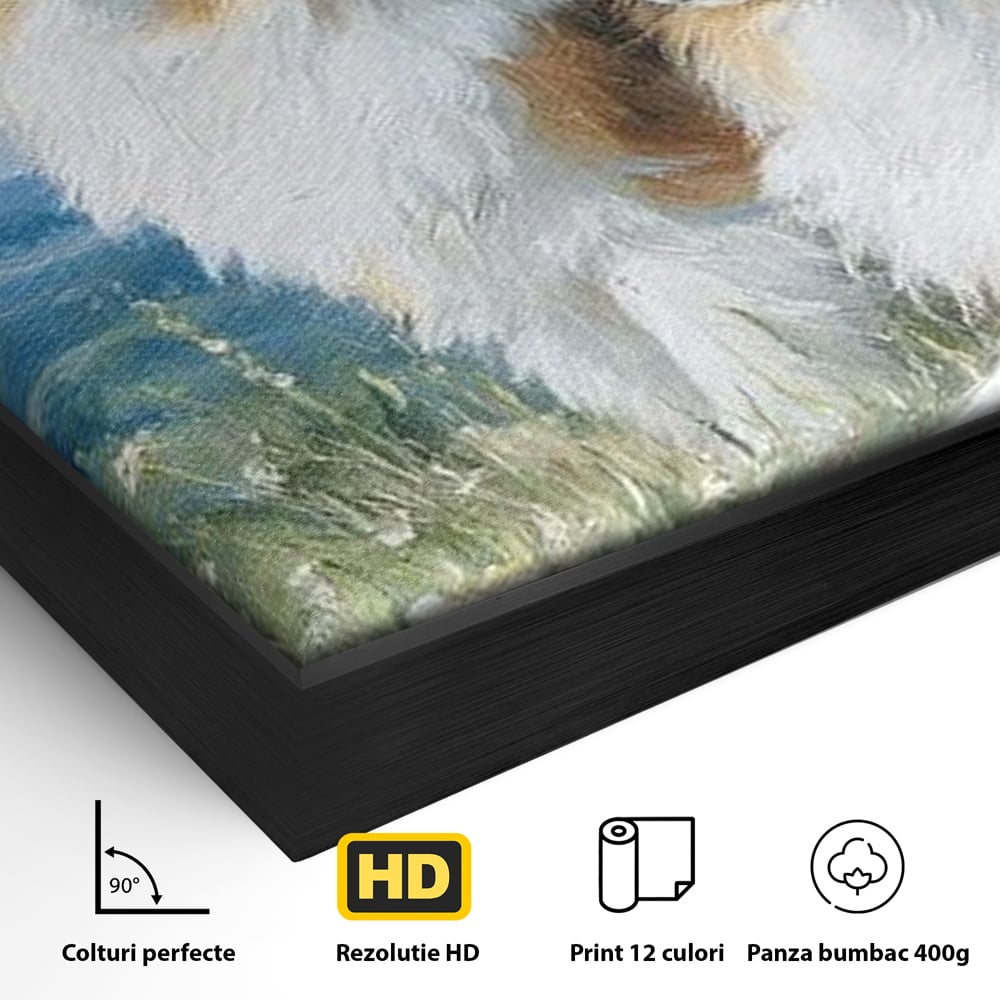 Detaliu al suprafetei: tablou canvas cu doi caini ciobanesti pe un deal, in rama de aluminiu negru